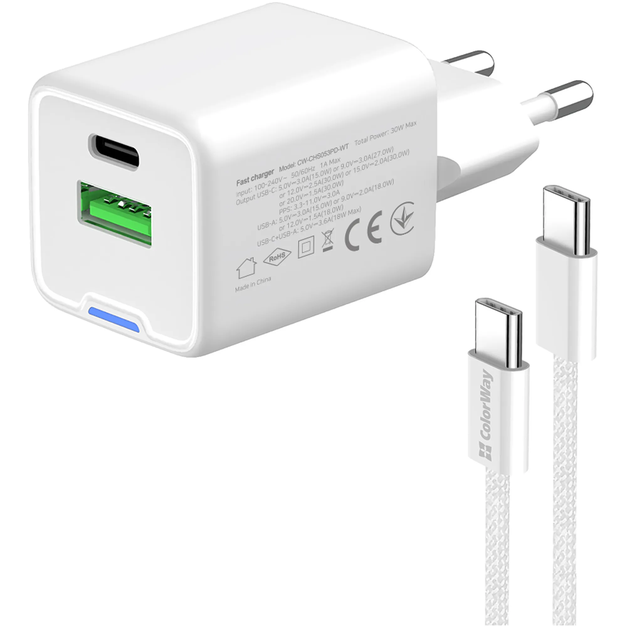 Купити Зарядний пристрій СolorWay GaN 30W 3A USB-C+USB White + кабель (CW-CHS053PDC-WT) - фото 5