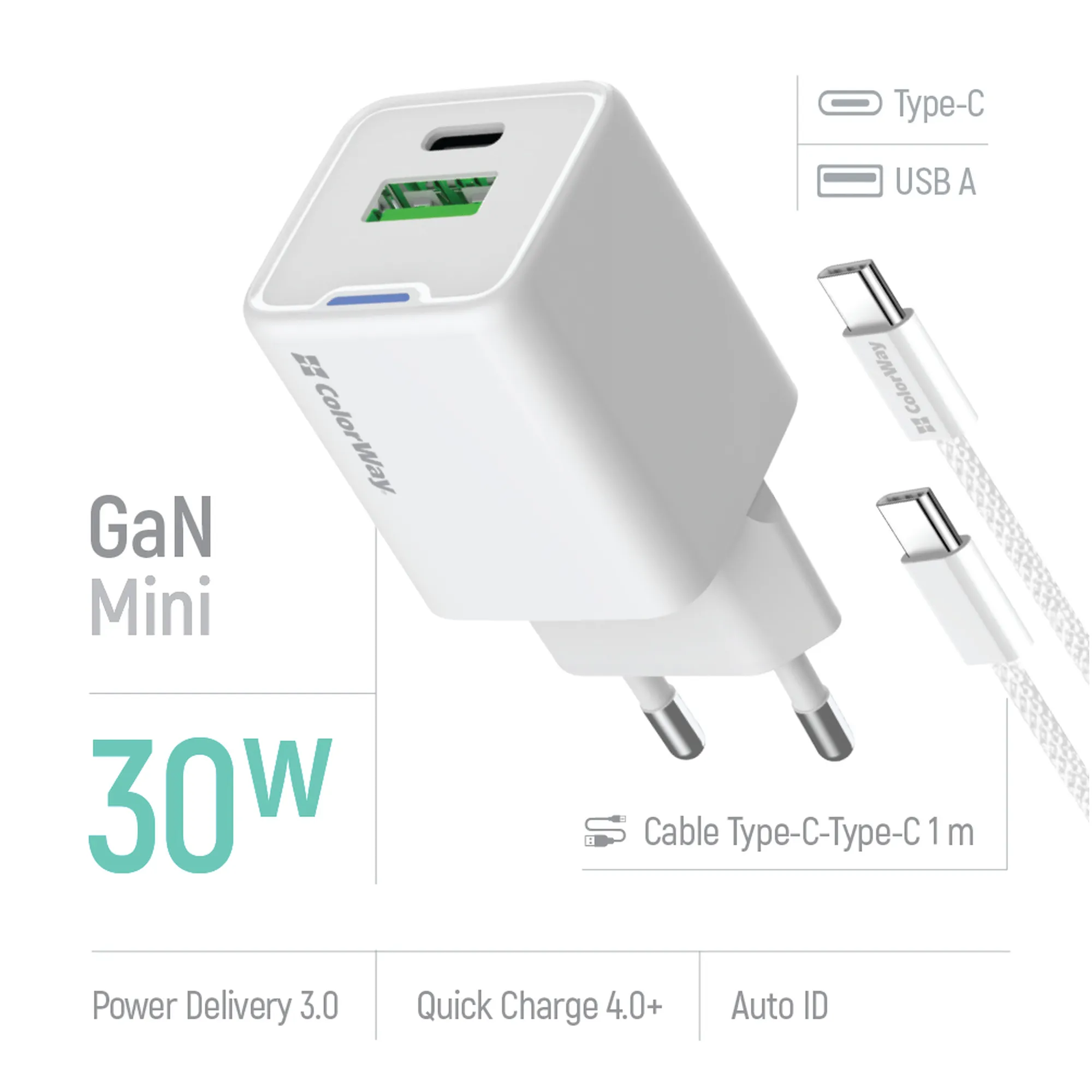 Купити Зарядний пристрій СolorWay GaN 30W 3A USB-C+USB White + кабель (CW-CHS053PDC-WT) - фото 6