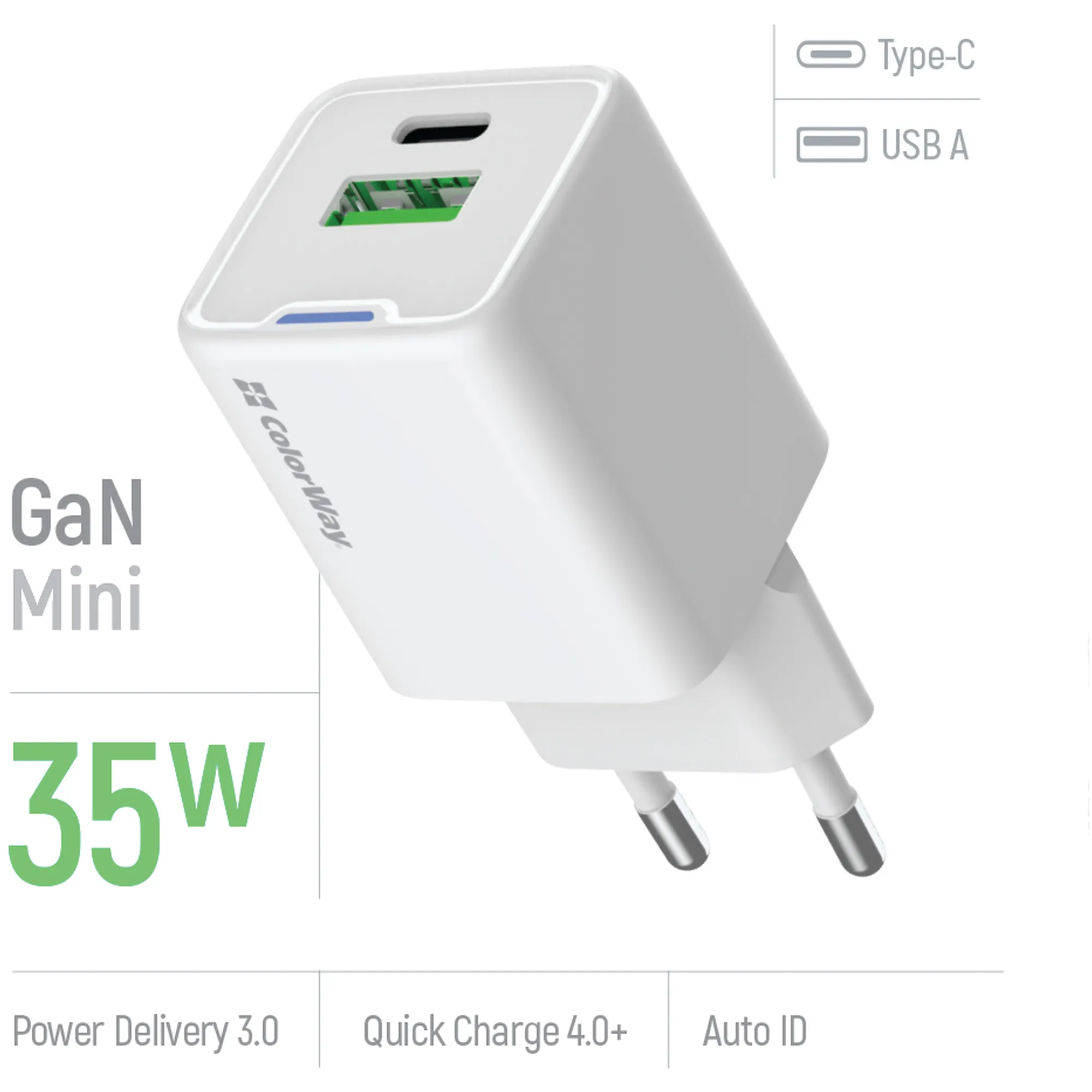 Купить Зарядное устройство СolorWay GaN 35W 3A USB-C+USB White (CW-CHS055PD-WT) - фото 6