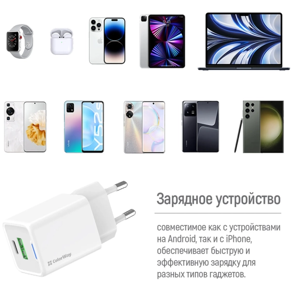 Купить Зарядное устройство СolorWay GaN 35W 3A USB-C+USB White (CW-CHS055PD-WT) - фото 12