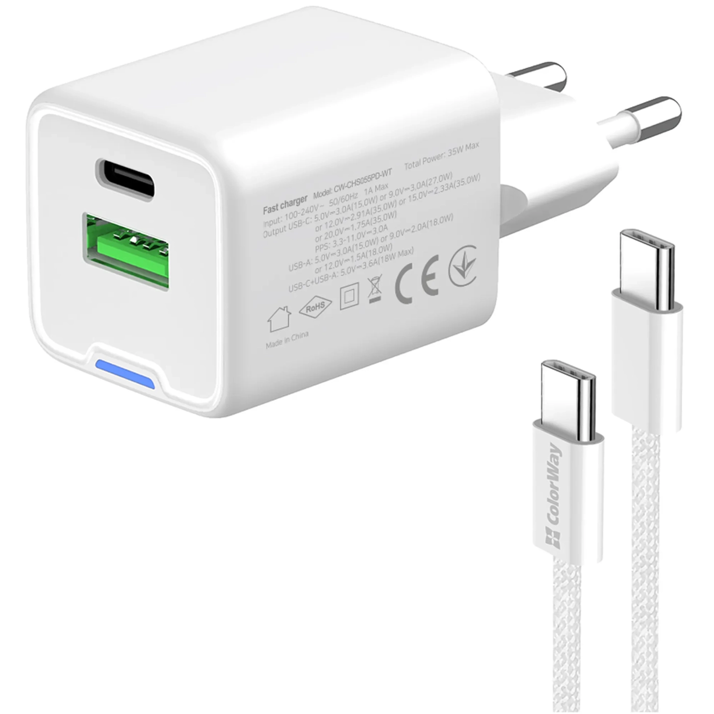 Купити Зарядний пристрій СolorWay GaN 35W 3A USB-C+USB White + кабель (CW-CHS055PDC-WT) - фото 5