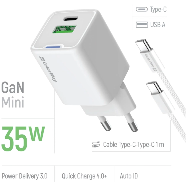 Купити Зарядний пристрій СolorWay GaN 35W 3A USB-C+USB White + кабель (CW-CHS055PDC-WT) - фото 6