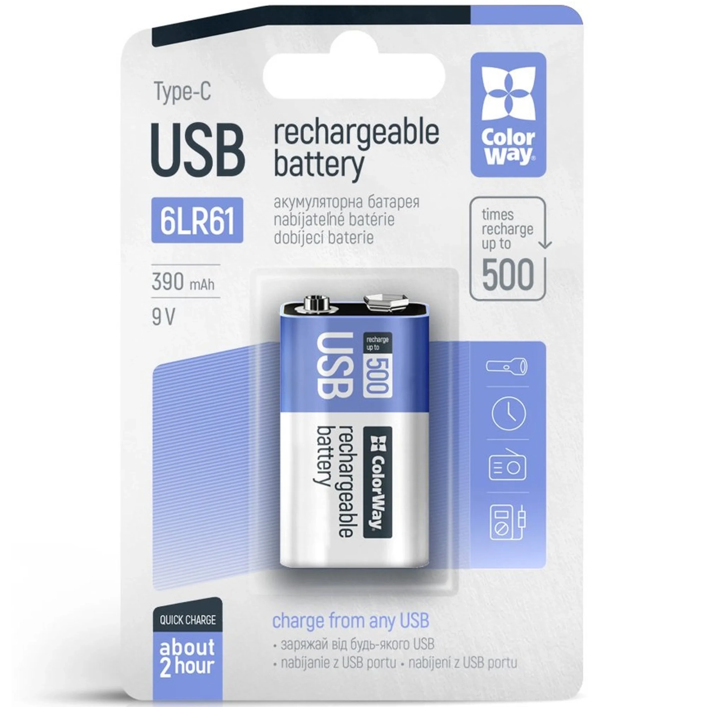 Купить Аккумуляторная батарея ColorWay 6LR61 Крона USB-С 390 mAh 9V Li-Pol (CW-UB9V-06) - фото 1