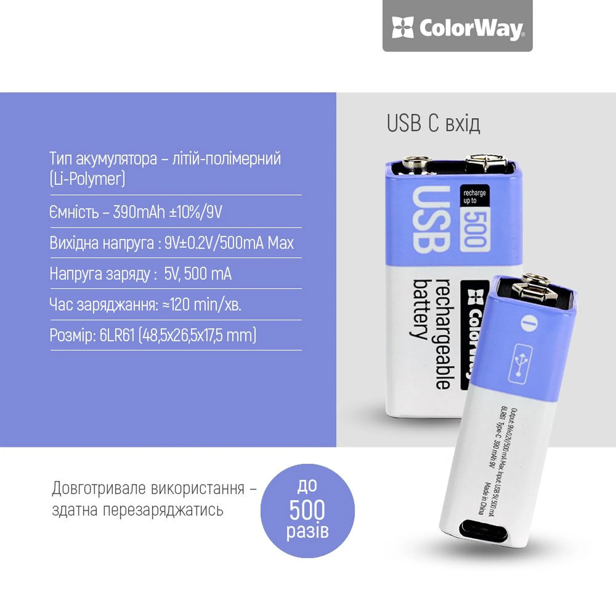 Купить Аккумуляторная батарея ColorWay 6LR61 Крона USB-С 390 mAh 9V Li-Pol (CW-UB9V-06) - фото 5