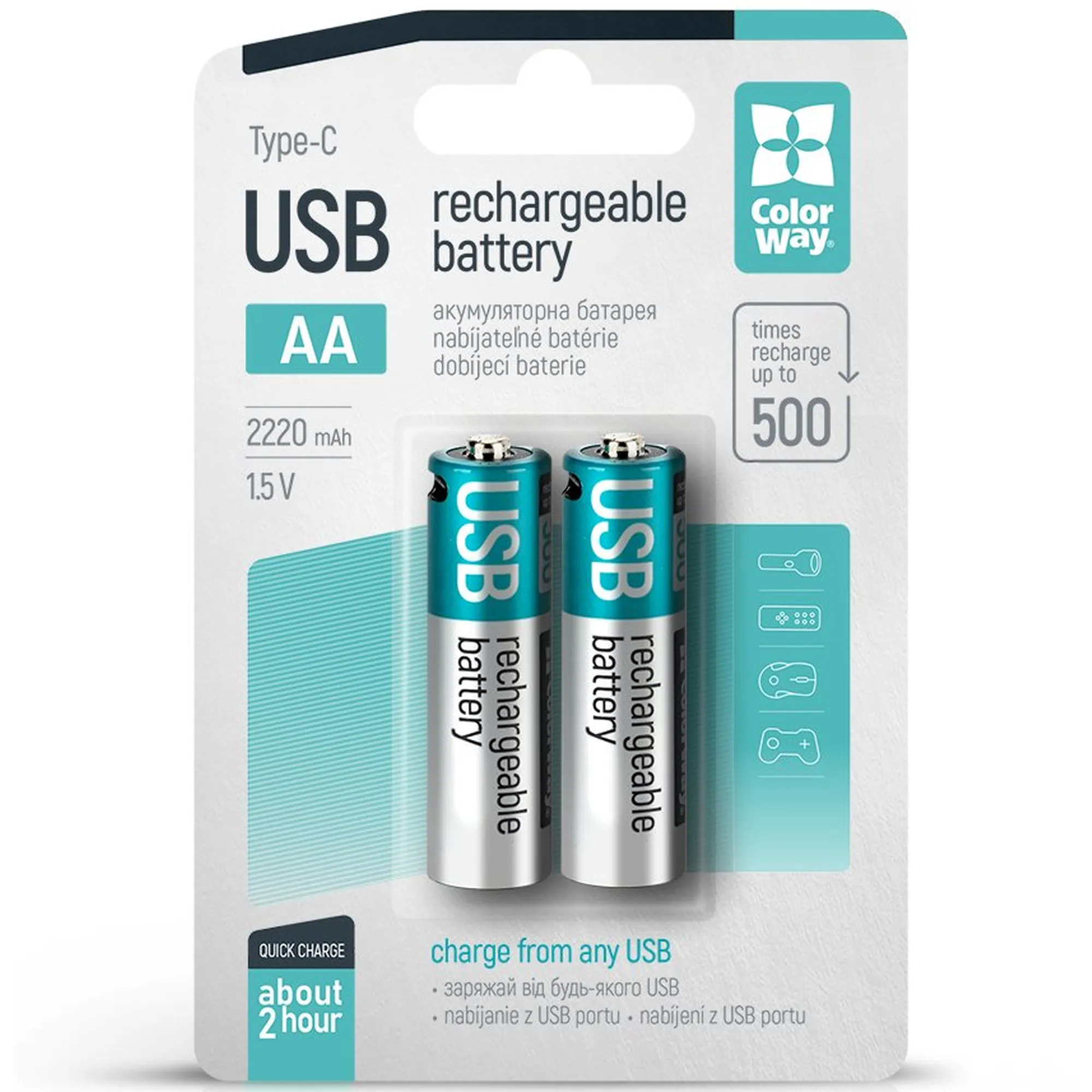 Купить Аккумуляторная батарея ColorWay AA USB-С 2220 mAh 1.5V Li-Pol 2 шт. (CW-UBAA-10) - фото 1