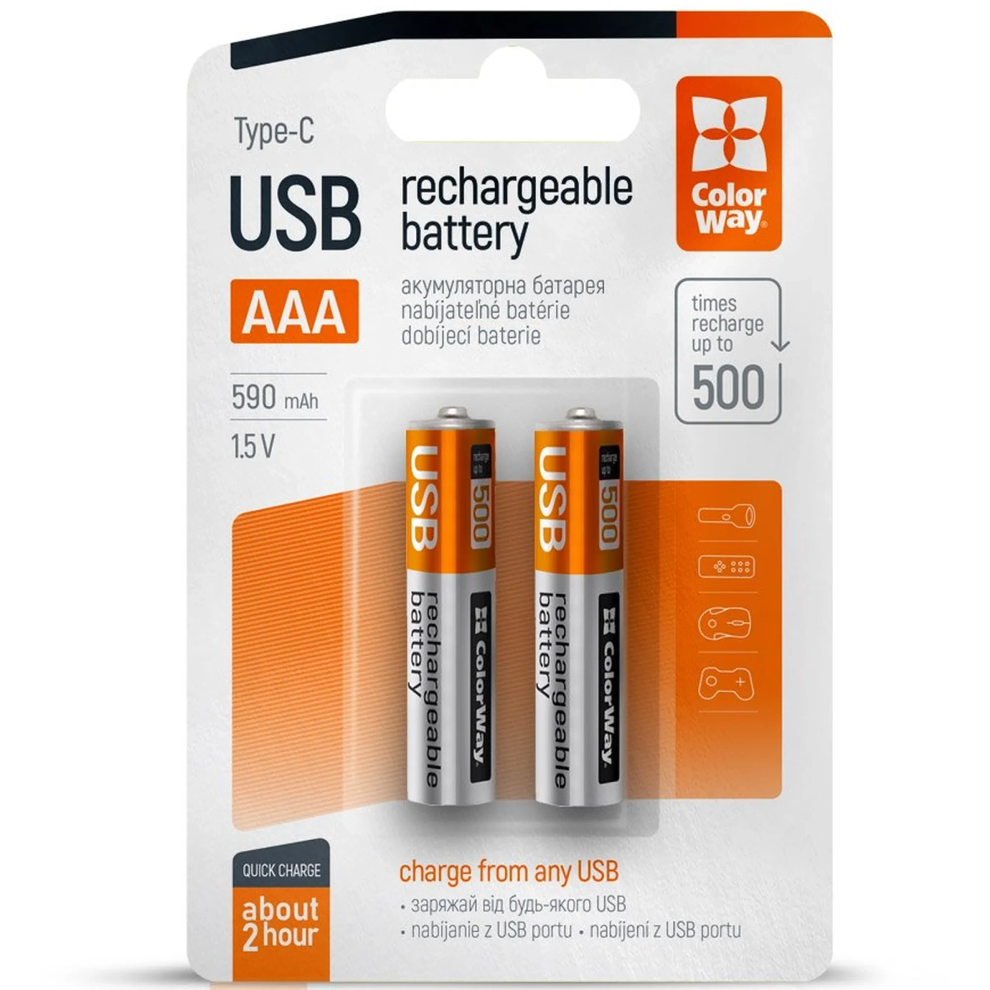 Купить Аккумуляторная батарея ColorWay AAА USB-С 590 mAh 1.5V Li-Pol 2 шт. (CW-UBAAA-09) - фото 1
