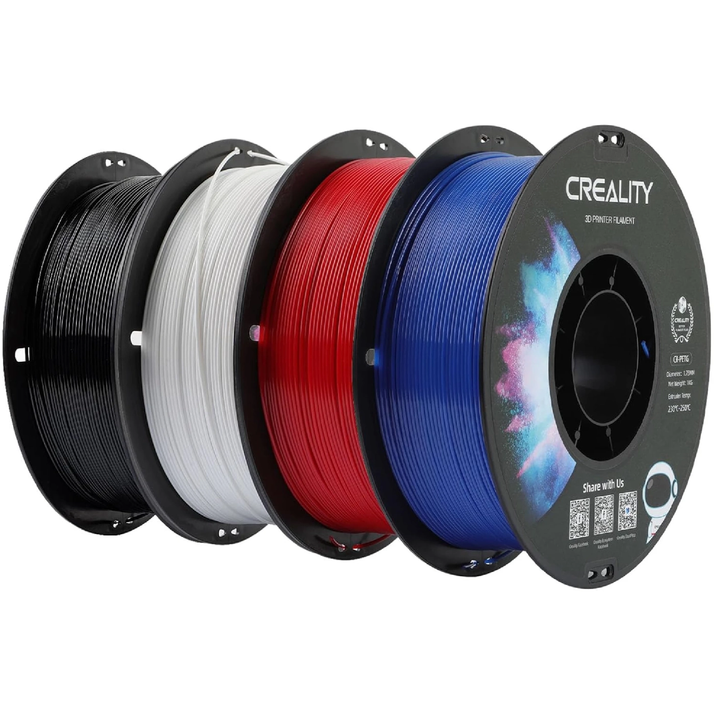 Купить PETG Filament (пластик) для 3D принтера CREALITY 4x1кг, 1.75мм, черный/белый/красный/синий (3301030084) - фото 1