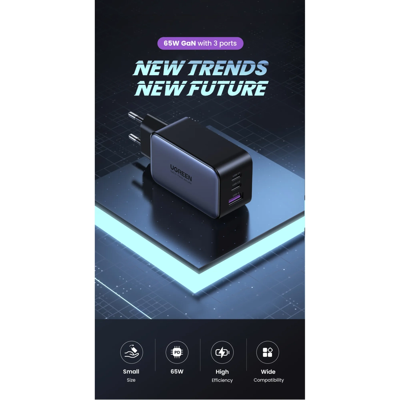 Купити Зарядний пристрій Ugreen CD244 65W 3xUSB (2хUSB-C+USB-A) PD GaN Black/Grey (10335) - фото 5