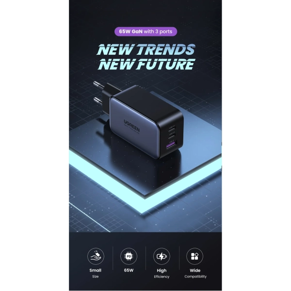 Купити Зарядний пристрій Ugreen CD244 65W 3xUSB (2хUSB-C+USB-A) PD GaN Black/Grey (10335) - фото 5
