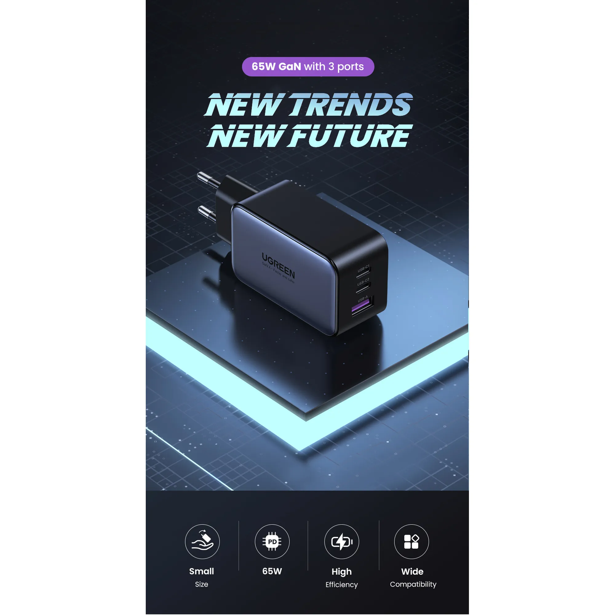 Купити Зарядний пристрій Ugreen CD244 65W 3xUSB (2хUSB-C+USB-A) PD GaN Black/Grey (10335) - фото 5