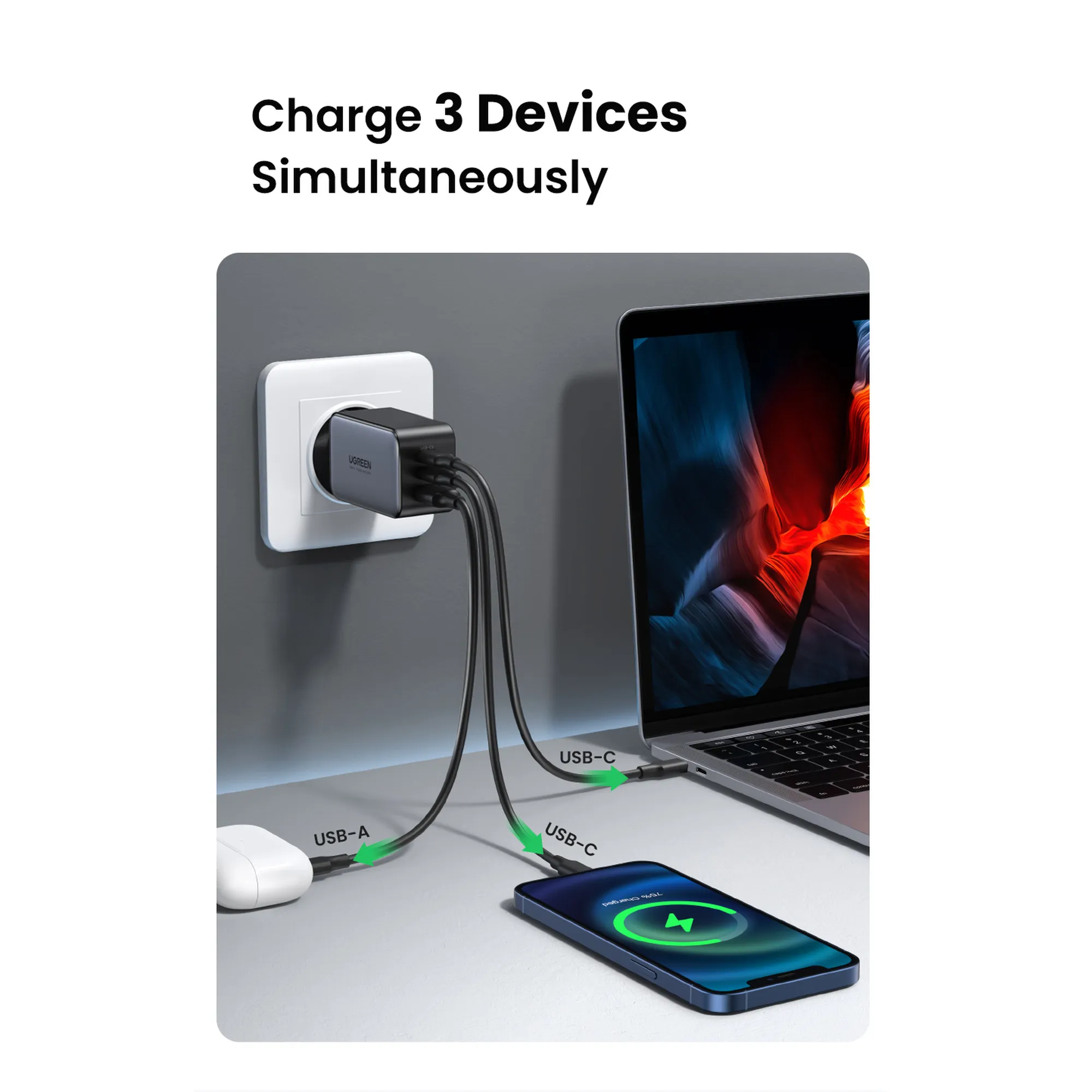 Купити Зарядний пристрій Ugreen CD244 65W 3xUSB (2хUSB-C+USB-A) PD GaN Black/Grey (10335) - фото 7