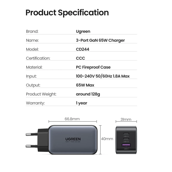 Купити Зарядний пристрій Ugreen CD244 65W 3xUSB (2хUSB-C+USB-A) PD GaN Black/Grey (10335) - фото 14