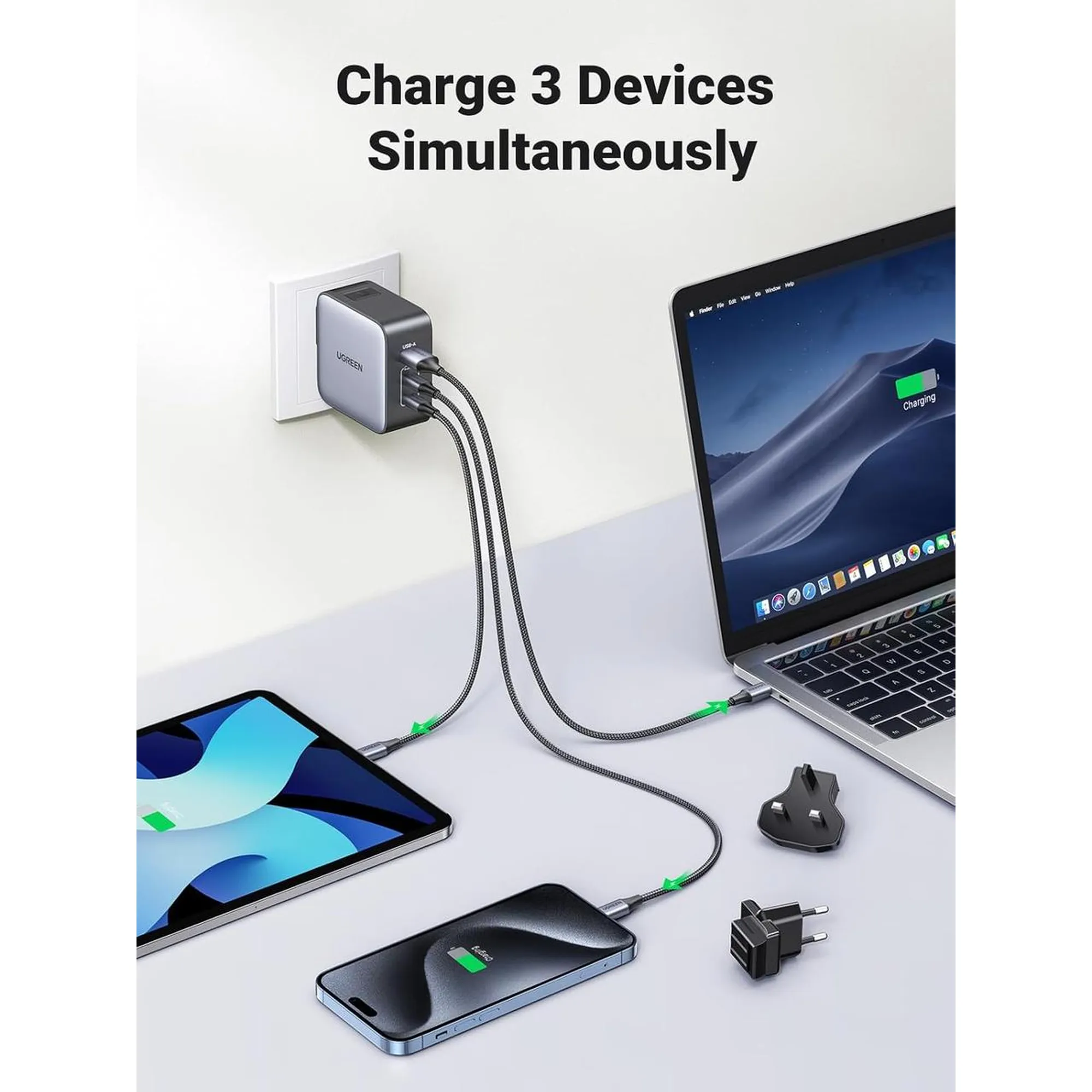 Купить Зарядное устройство Ugreen CD296 Nexode 65W 3xUSB (2хUSB-C+USB-A) GaN Black/Grey (90409) - фото 4