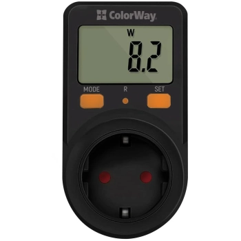 Купить Энергометр цифровой W/V/A/C/KWh ColorWay для розетки 16A/3680W Black (CW-VM16-01D) - фото 1