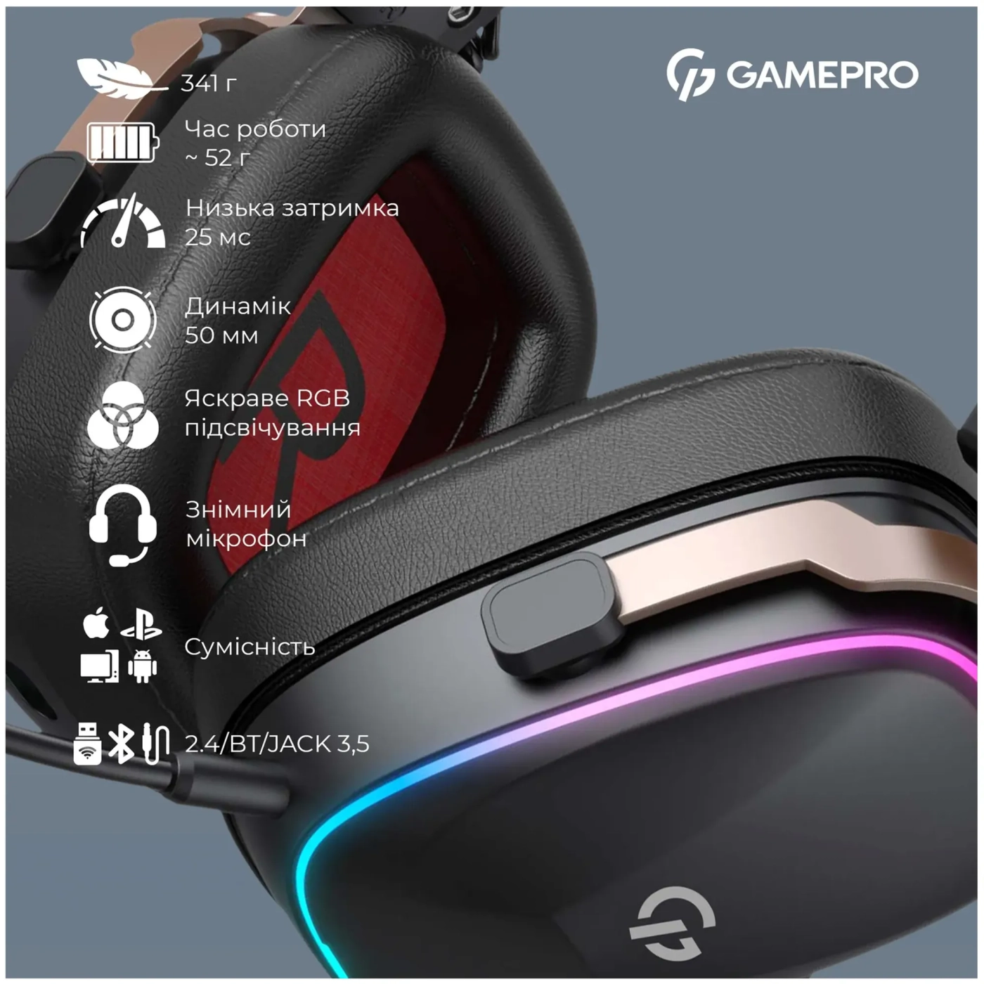 Купити Навушники GamePro Asgard Valkyria Wireless RGB Tri-Mod Black (HSW249) - фото 14