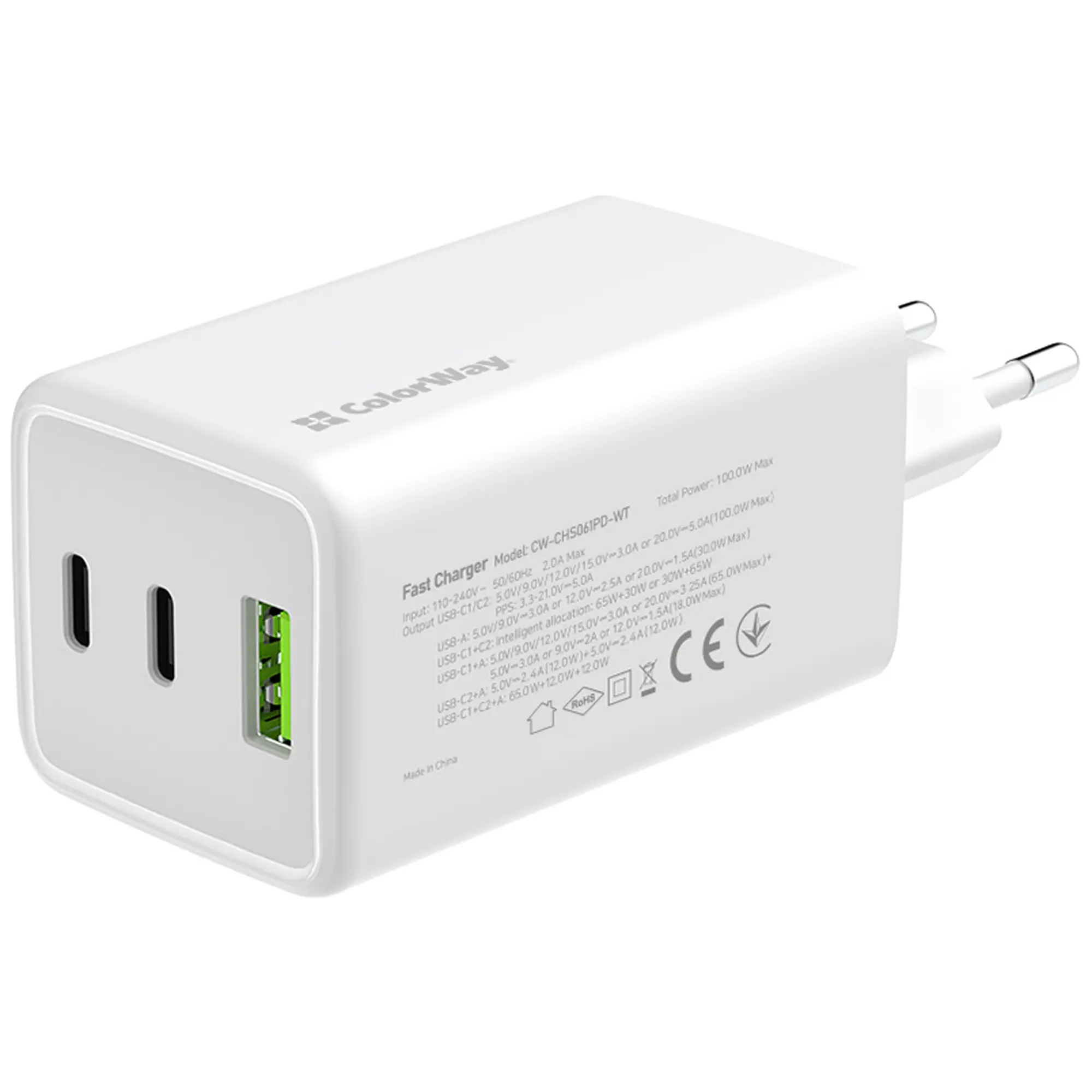 Купити Зарядний пристрій ColorWay GaN Mini 100W 1xUSB-A, 2xUSB-C Fast Charging White (CW-CHS061PD-WT) - фото 2