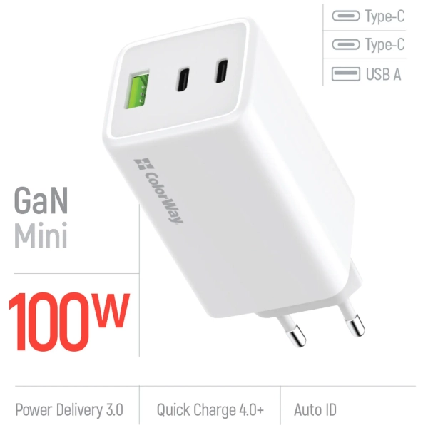Купити Зарядний пристрій ColorWay GaN Mini 100W 1xUSB-A, 2xUSB-C Fast Charging White (CW-CHS061PD-WT) - фото 6