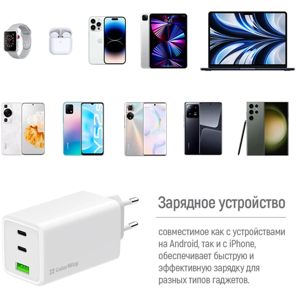 Купити Зарядний пристрій ColorWay GaN Mini 100W 1xUSB-A, 2xUSB-C Fast Charging White (CW-CHS061PD-WT) - фото 11
