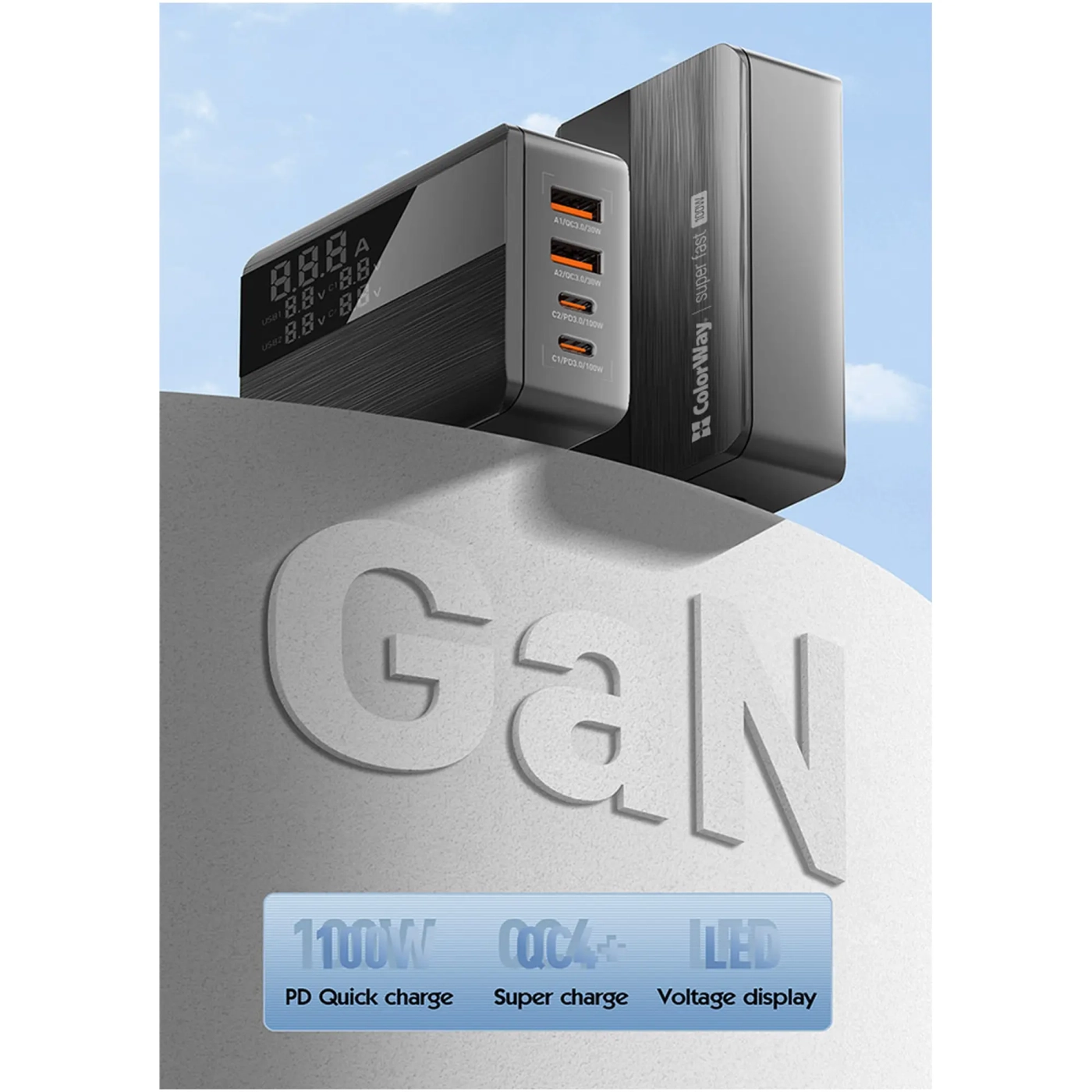 Купити Зарядний пристрій ColorWay Power Delivery GaN 2xUSB-C, 2xUSB-A, 100W Black (CW-CHS041PD-BK) - фото 8