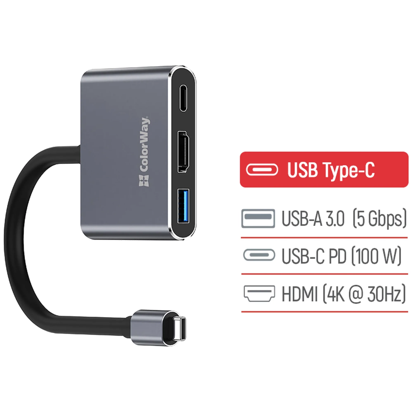 Купить USB-хаб ColorWay 3в1 USB-C - 1USB3.0+USB-C PD100W+HDMI 4К Grey (CW-HUB08) - фото 5