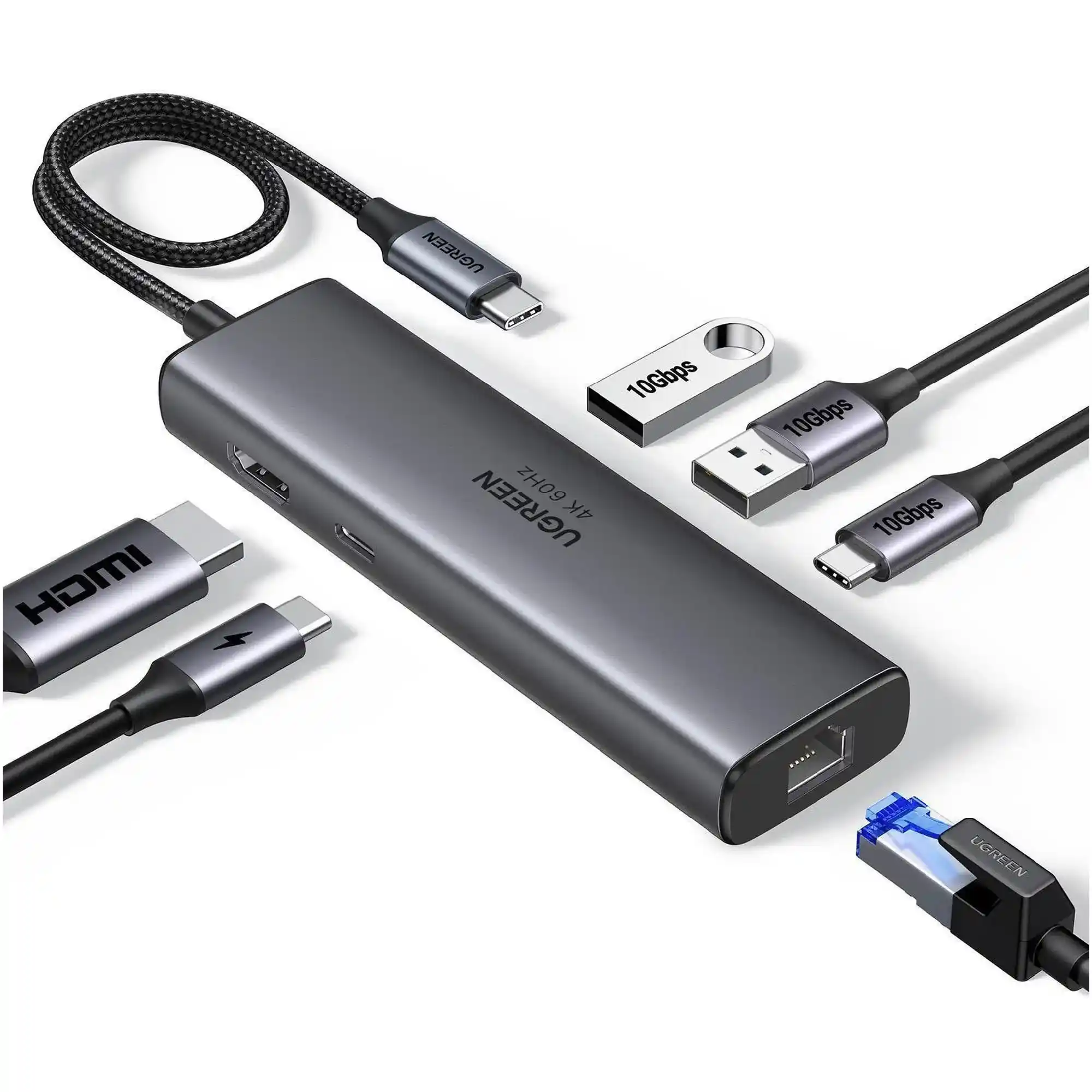Купити USB-хаб Ugreen USB-C to HDMI + 2xUSB 3.2 + USB-C 3.2 + RJ45 + PD CM512 gray (45000) - фото 1
