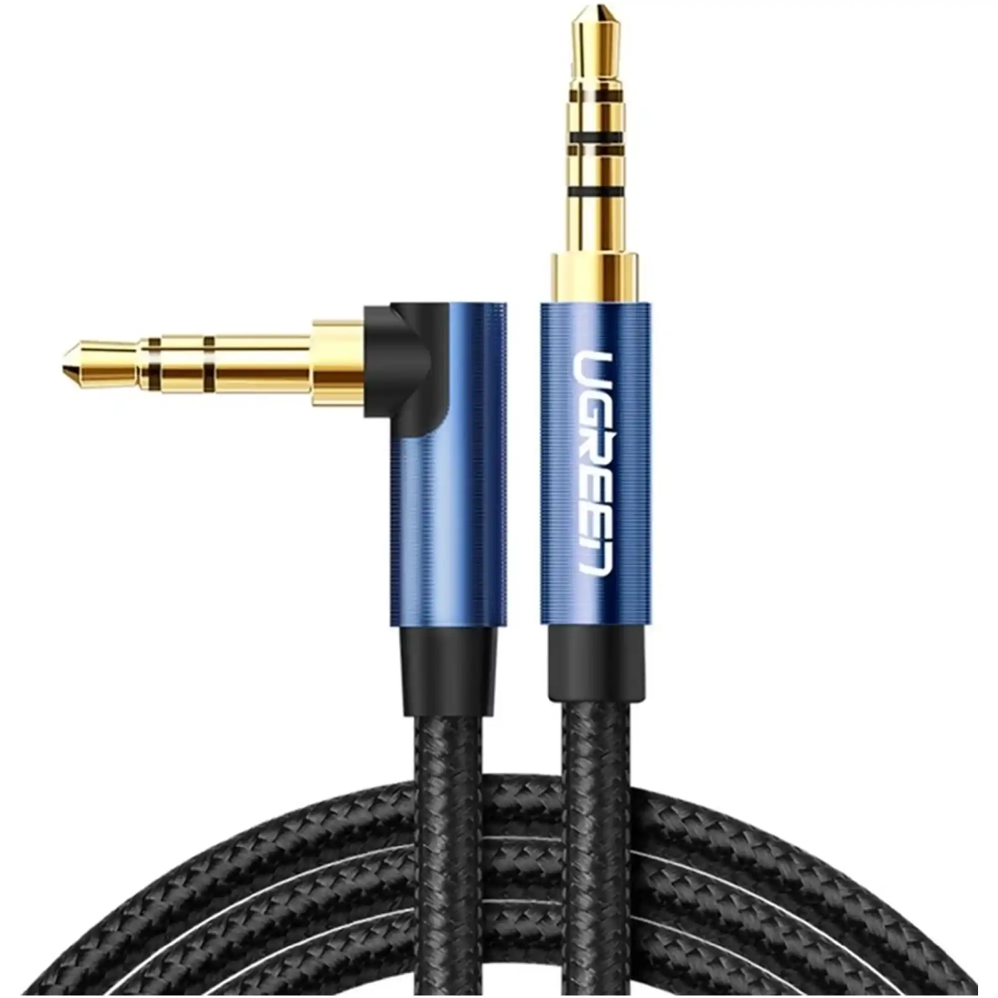 Купить Кабель UGREEN AV112 Angled Cable 3.5mm Male to 3.5mm Male Cable Gold Plated Metal Case with Braid 1m Blue (60179) - фото 1