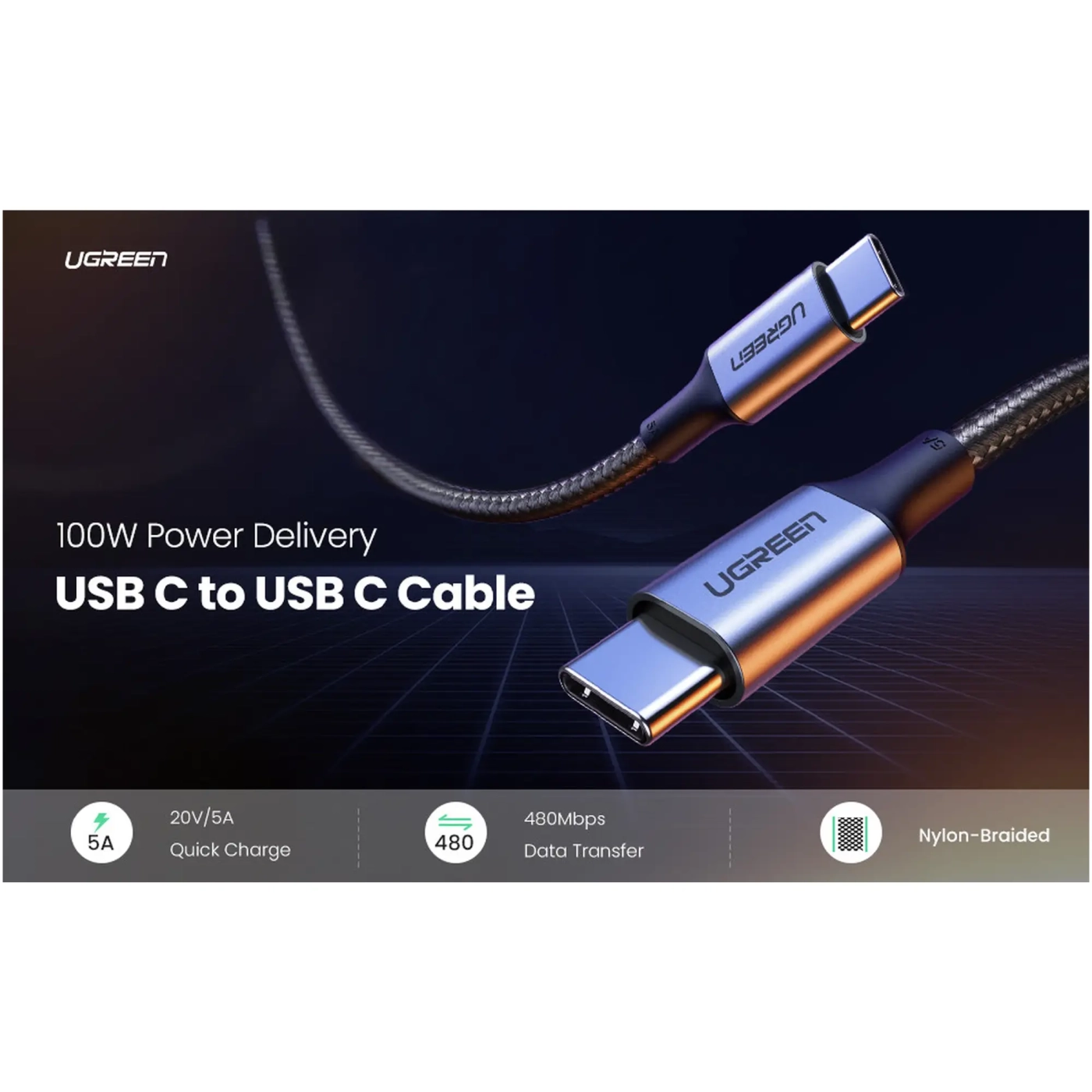 Купить Кабель UGREEN US316 USB-C - USB-C 100W 2m Space Gray (70429) - фото 5