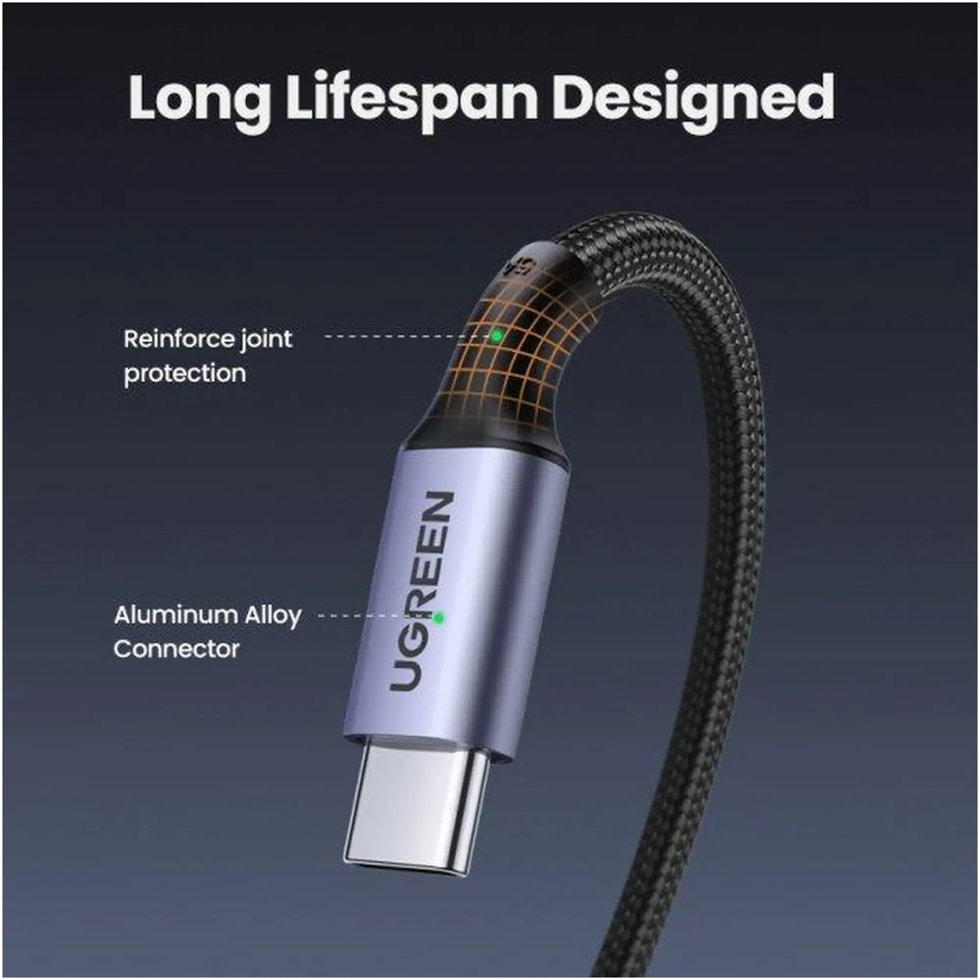 Купить Кабель UGREEN US334 USB-C 2.0 to Angled USB-C M/M Cable Aluminium Shell with Braided 1m Black (70643) - фото 3
