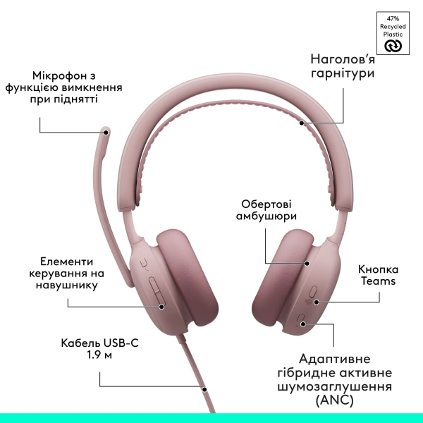 Купить Наушники Logitech Zone Wired 2 for Business USB Rose TEAMS version (981-001616) - фото 10