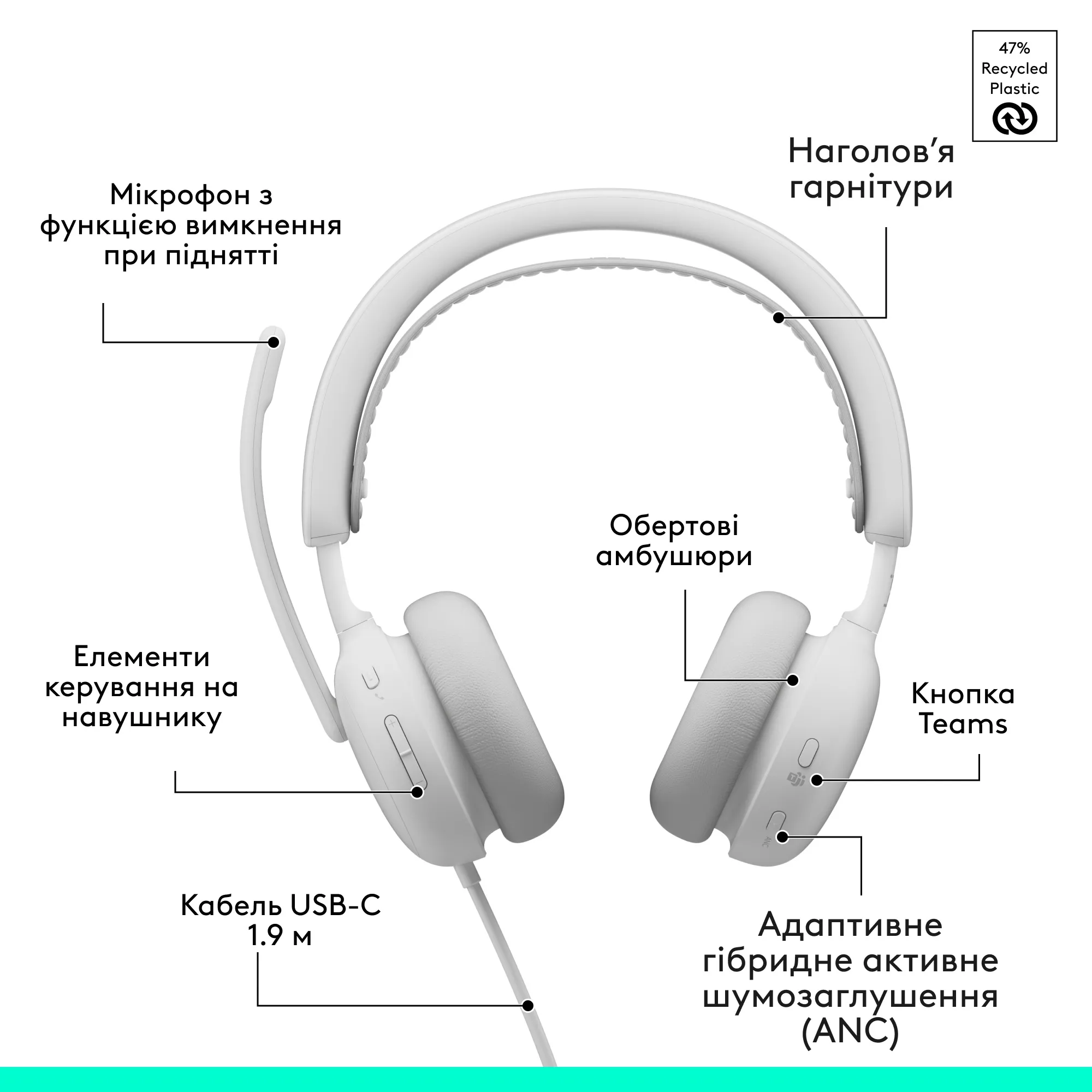 Купить Наушники Logitech Zone Wired 2 for Business USB Off-White TEAMS version (981-001617) - фото 10