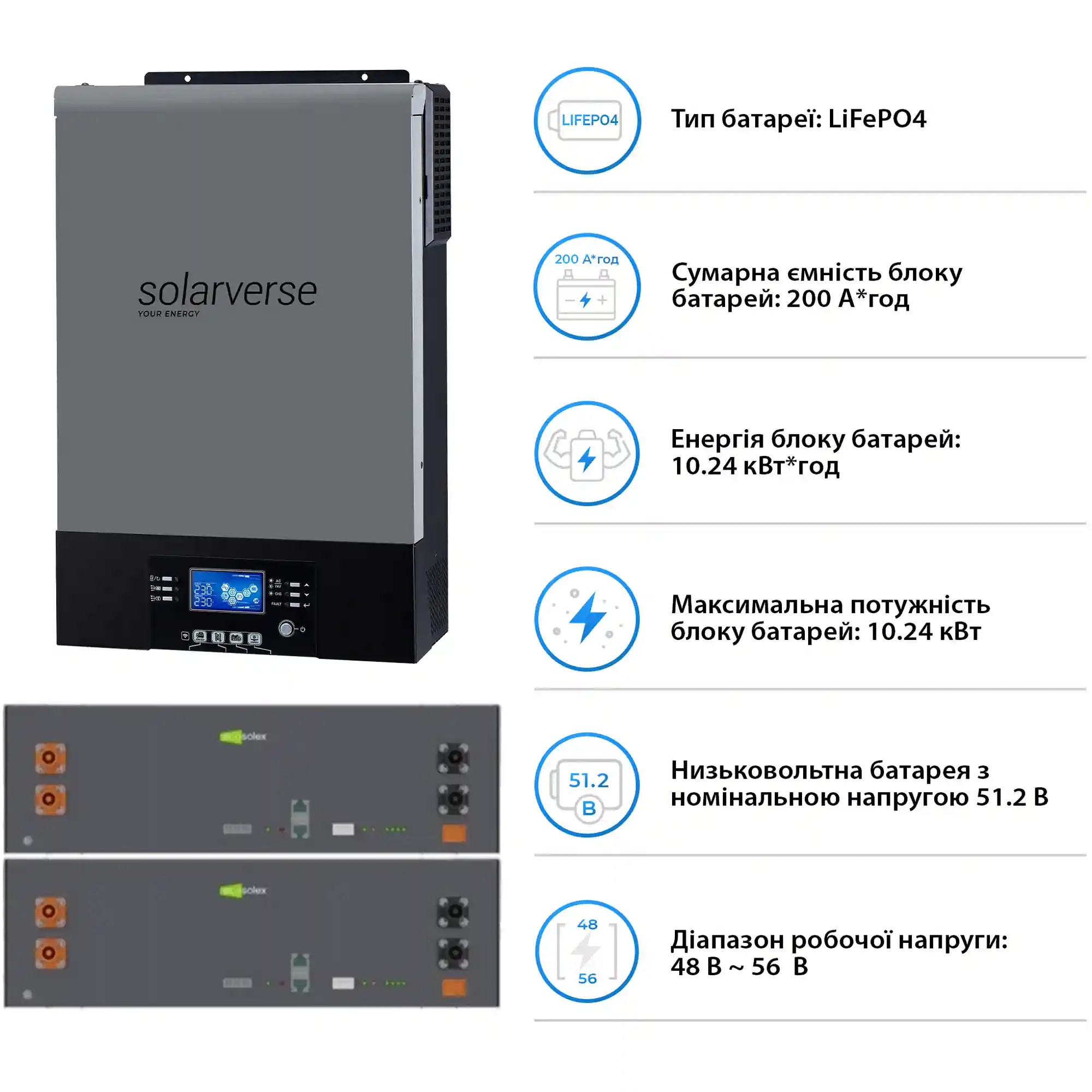 Купить Система хранения энергии Solarverse SV-1SV6K2-LES10.2K1 6kW 10.2kWh 2BAT LiFePO4 6000 циклов (SV-1SV6K2-LES10.2K1) - фото 5