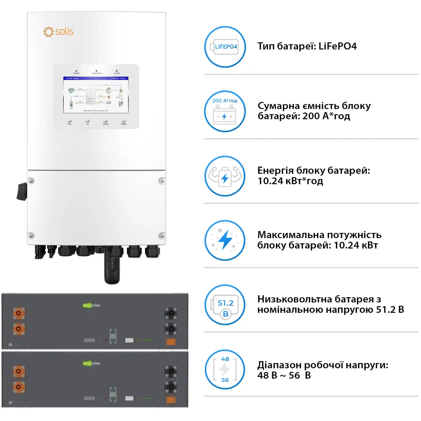 Купити Система зберігання енергії Solis SV-1SL6K1-LES10.2K1 6kW 10.2kWh 2BAT LiFePO4 6000 циклів (SV-1SL6K1-LES10.2K1) - фото 5