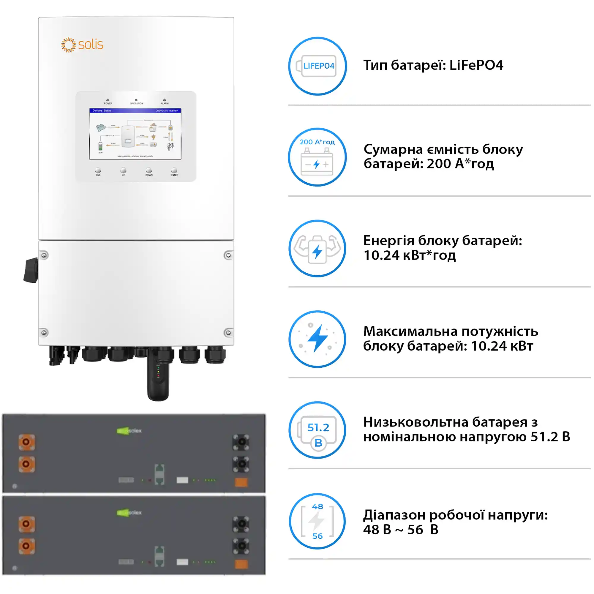 Купити Система зберігання енергії Solis SV-1SL6K1-LES10.2K1 6kW 10.2kWh 2BAT LiFePO4 6000 циклів (SV-1SL6K1-LES10.2K1) - фото 5