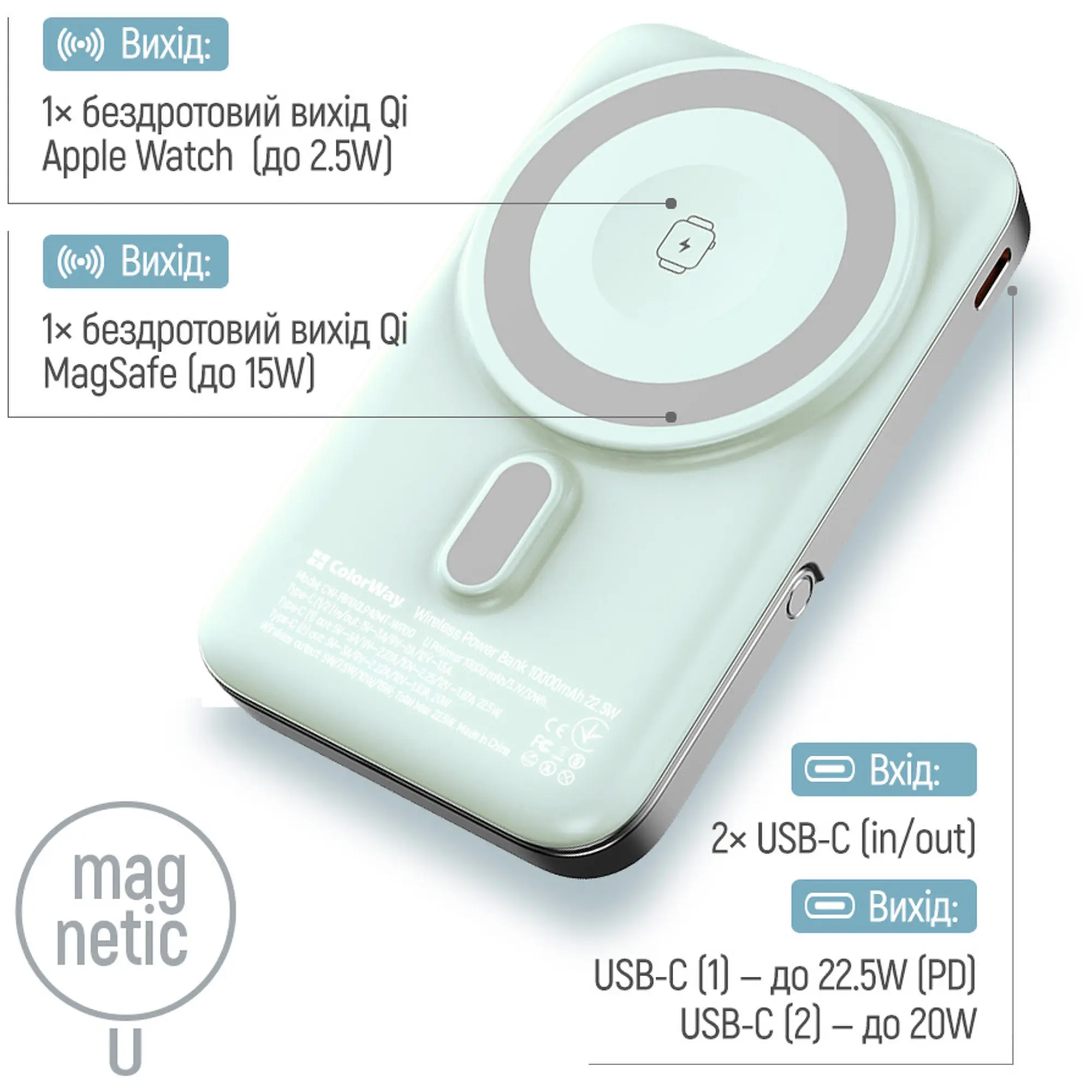 Купити Павербанк УМБ ColorWay 10000mAh 22.5W Aquamarine (CW-PB100LPA2MT-WPDD) - фото 7