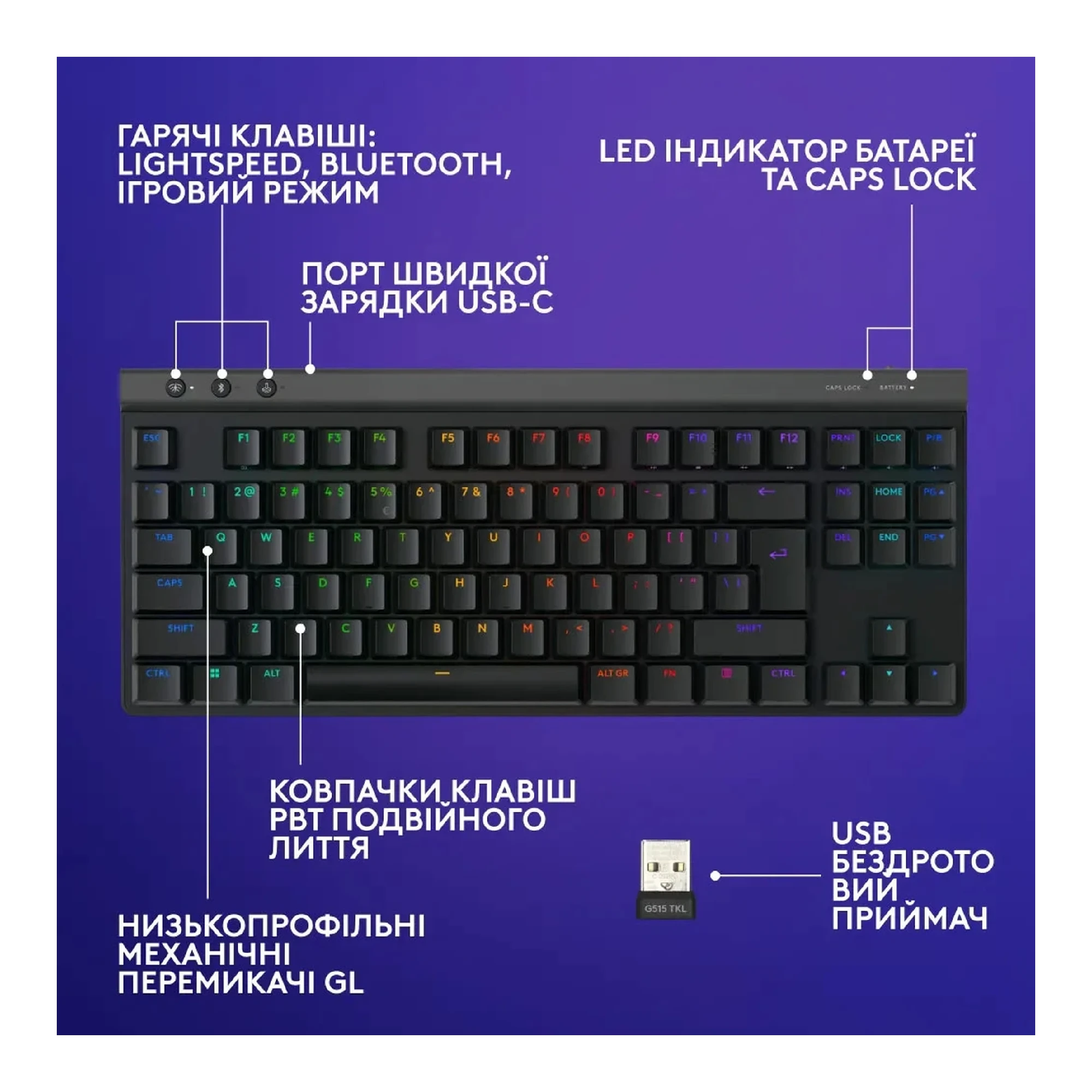 Купить Клавиатура Logitech G515 TKL Lightspeed Tactile Bluetooth UA Black (920-012538) - фото 6