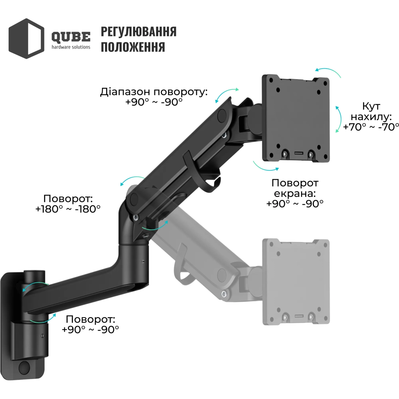 Купити Кріплення для монітора (кронштейн) Qube 5727GB.Wall до 57" 2-27 кг, газова пружина - фото 5
