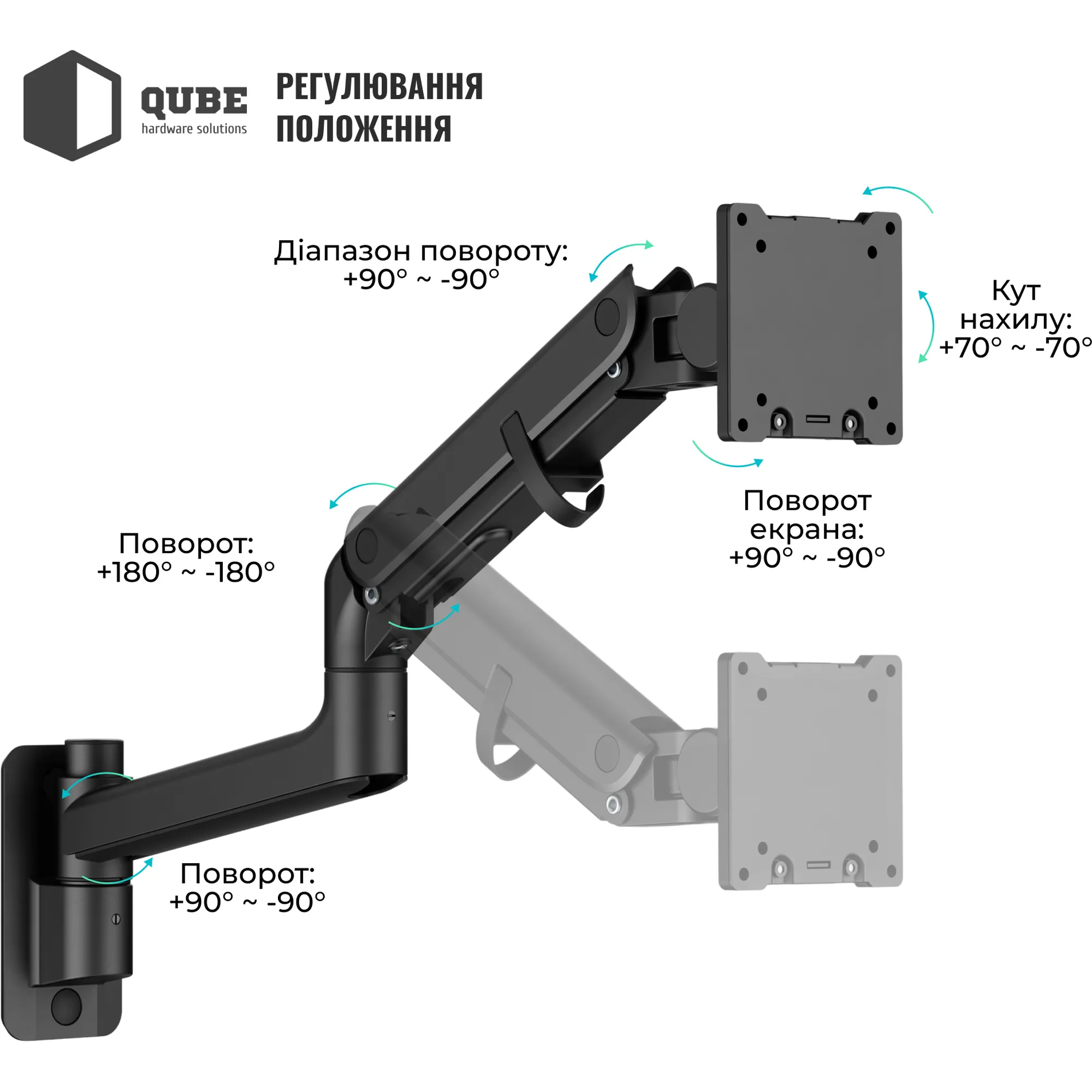 Купити Кріплення для монітора (кронштейн) Qube 5727GB.Wall до 57" 2-27 кг, газова пружина - фото 5