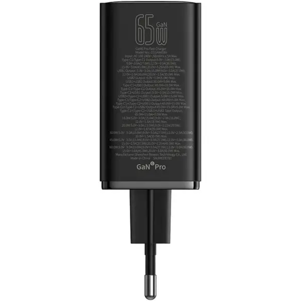 Купить Зарядное устройство Baseus GaN6 Pro Fast Charger 2USB-C+2USB 65W EU ClusterBlack + кабель USB-C 100W 20V/5A 1m Black (P10162701113-00) - фото 3