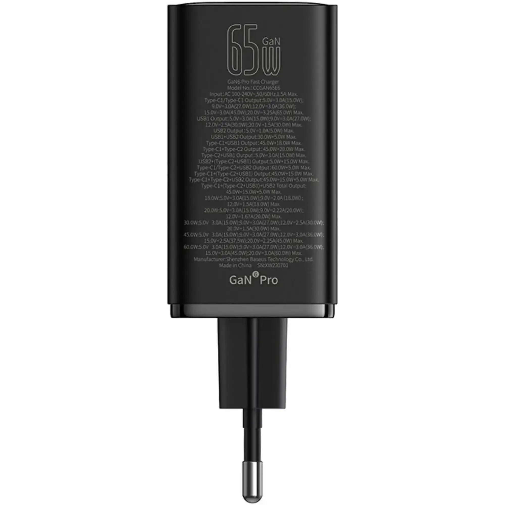 Купить Зарядное устройство Baseus GaN6 Pro Fast Charger 2USB-C+2USB 65W EU ClusterBlack + кабель USB-C 100W 20V/5A 1m Black (P10162701113-00) - фото 3
