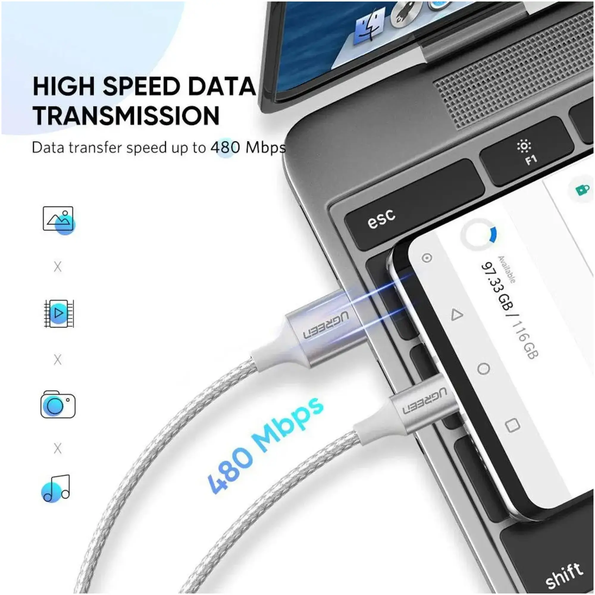 Купить Кабель UGREEN US288 USB 2.0 - USB-C 3A 1m White (60131) - фото 4