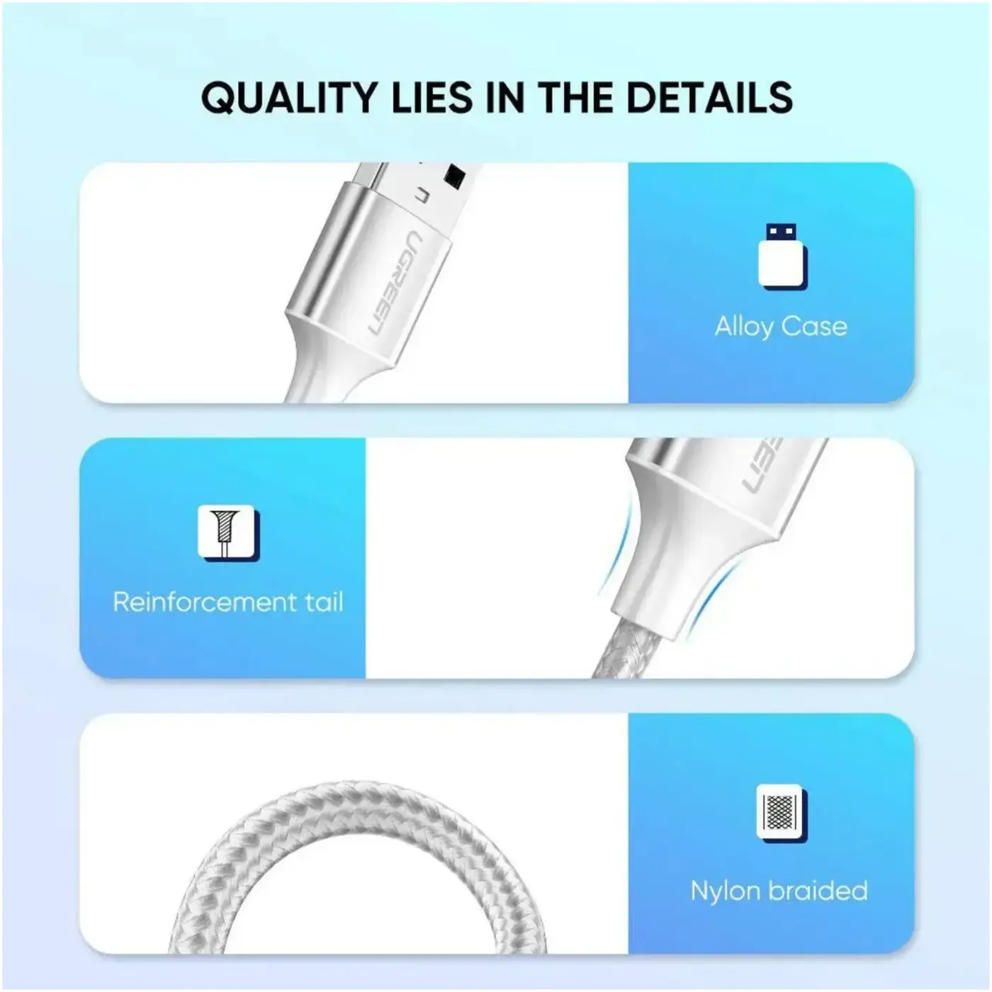 Купить Кабель UGREEN US288 USB 2.0 - USB-C 3A 1m White (60131) - фото 5