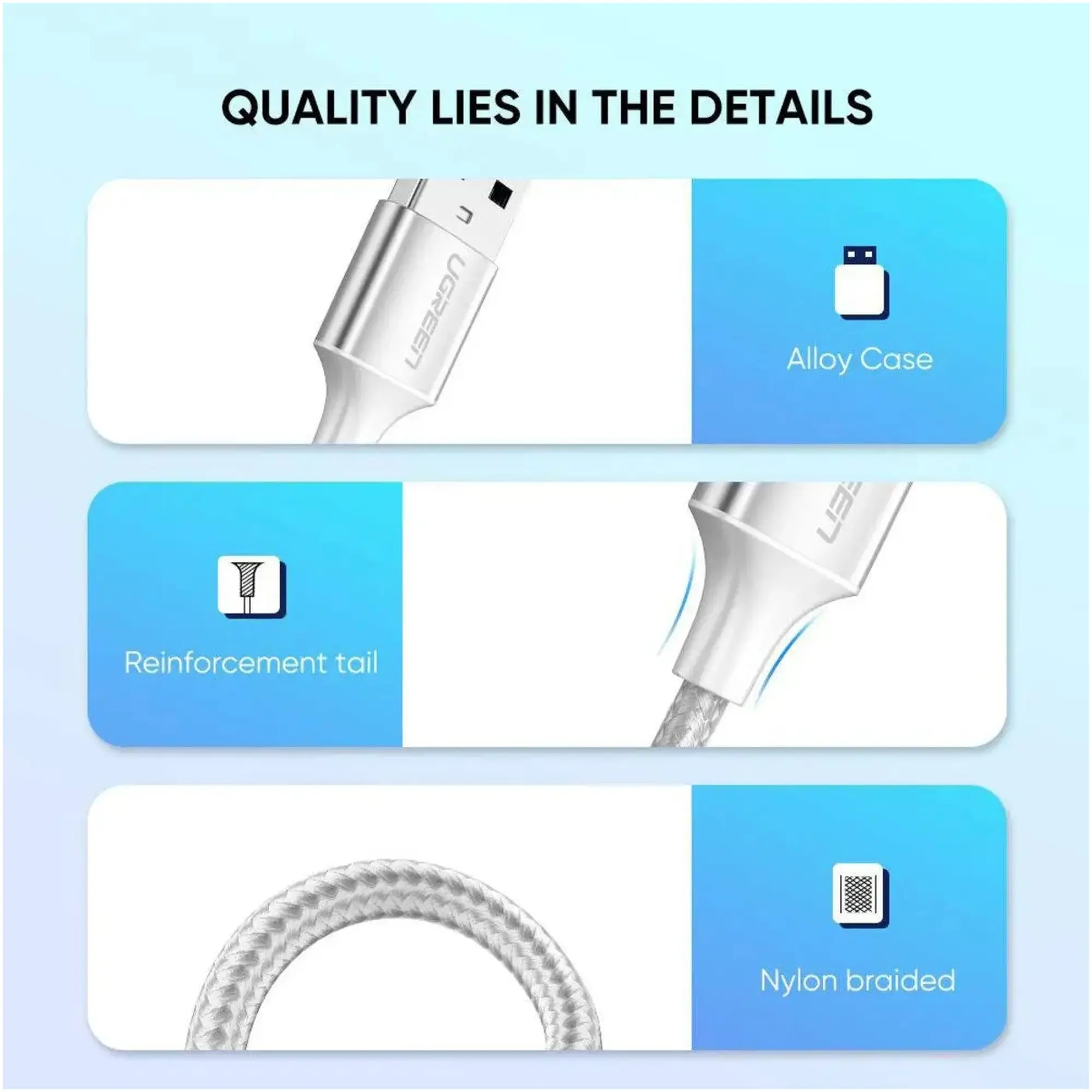 Купить Кабель UGREEN US288 USB 2.0 - USB-C 3A 1m White (60131) - фото 5
