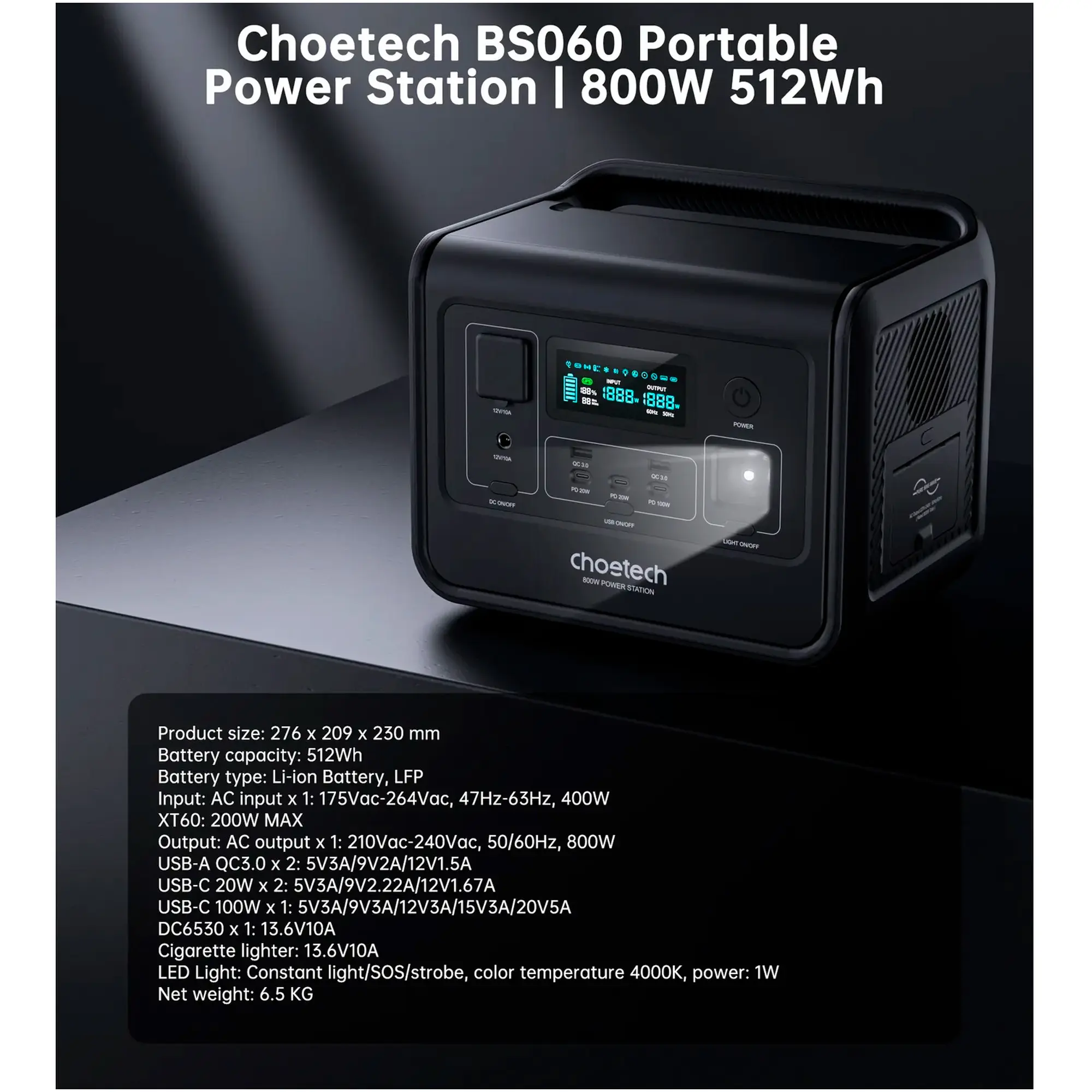 Купити Зарядна станція Choetech BS060 800W 512Whh (BS060-EU-GY) - фото 4