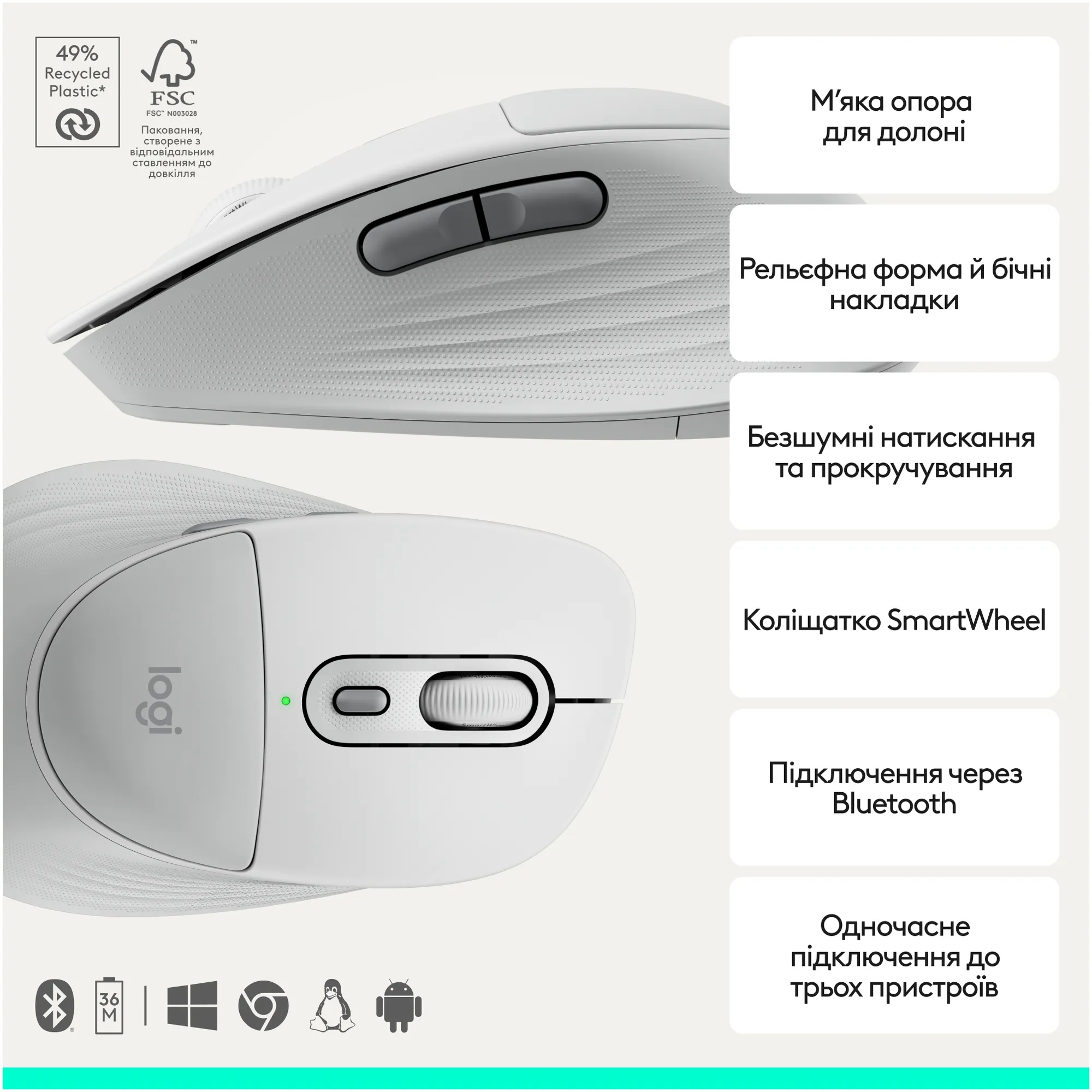 Купити Комплект клавіатура та миша Logitech MK880 Signature Comfort Plus Combo Off-White (920-014033) - фото 4