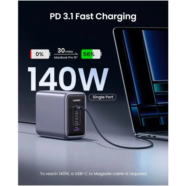 Купить Зарядное устройство Ugreen CD333 Nexode 300W 1xUSB-A, 4xUSB-C, PD3.1, QC4.0 GaN Wall Charger Gray (90903B) - фото 3
