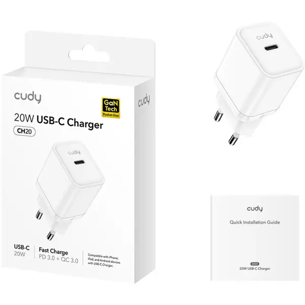 Купити Зарядний пристрій Cudy CH20 GaN Charger USB-C PD 3.0, QC 3.0, 20W White - фото 4