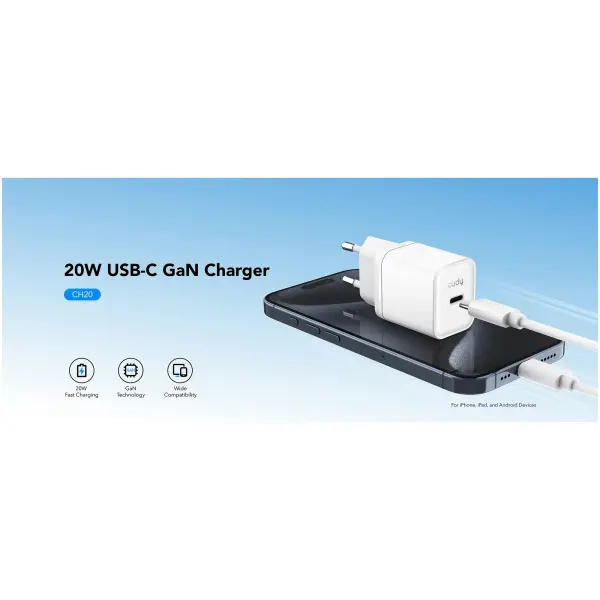 Купити Зарядний пристрій Cudy CH20 GaN Charger USB-C PD 3.0, QC 3.0, 20W White - фото 5