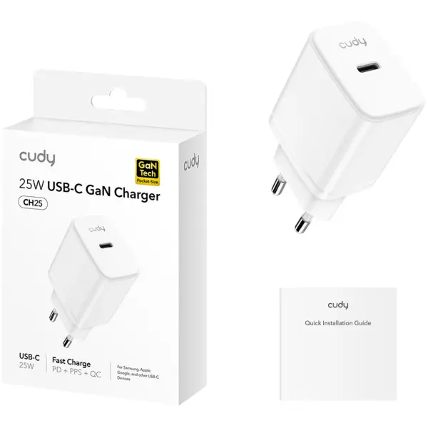 Купити Зарядний пристрій Cudy CH25 GaN Charger USB-C PD 3.0, QC 3.0, 25W White - фото 2