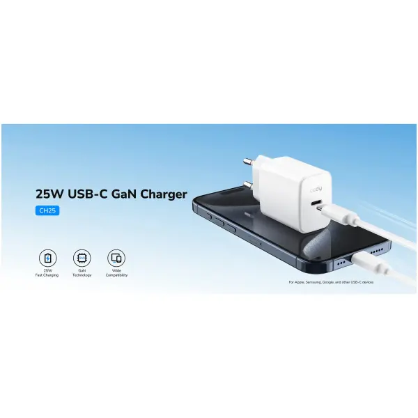 Купити Зарядний пристрій Cudy CH25 GaN Charger USB-C PD 3.0, QC 3.0, 25W White - фото 3