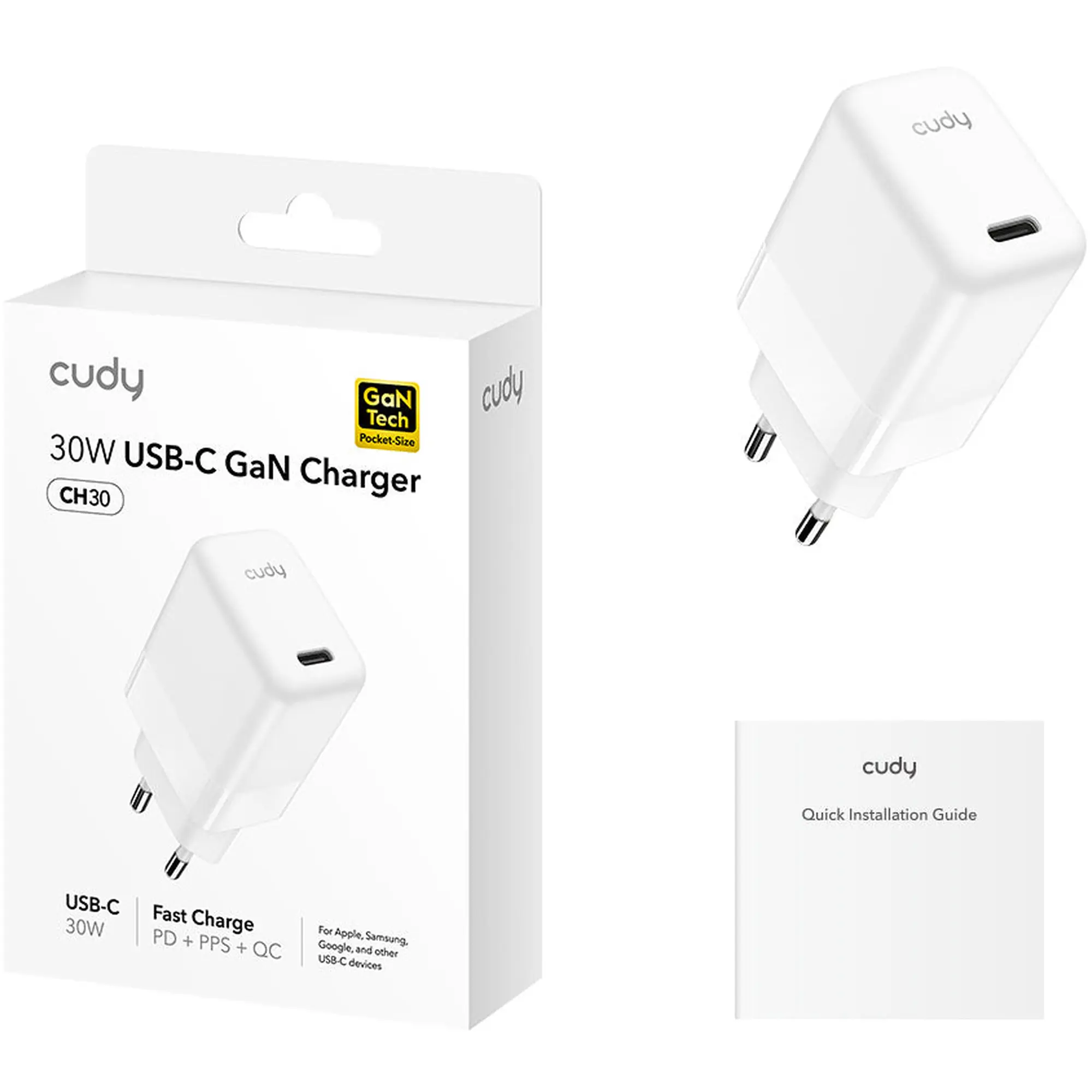 Купити Зарядний пристрій Cudy CH30 GaN Charger USB-C PD 3.0, QC 3.0, 30W White - фото 2